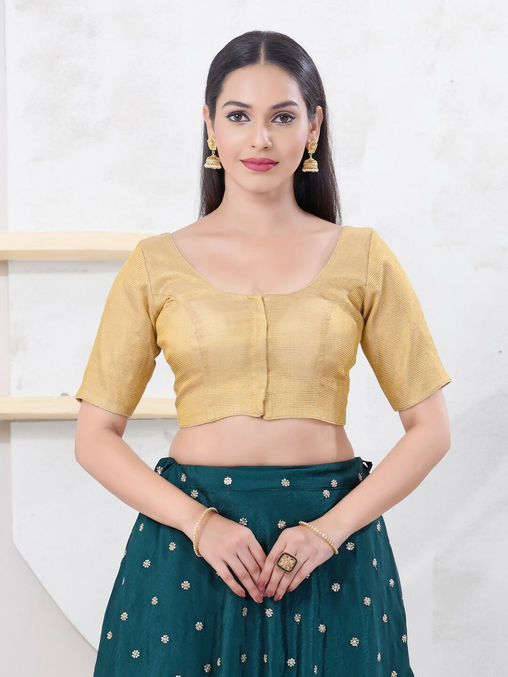 Joban Fashion Gold Tissue Elbow Sleeveless Front Open Blouse