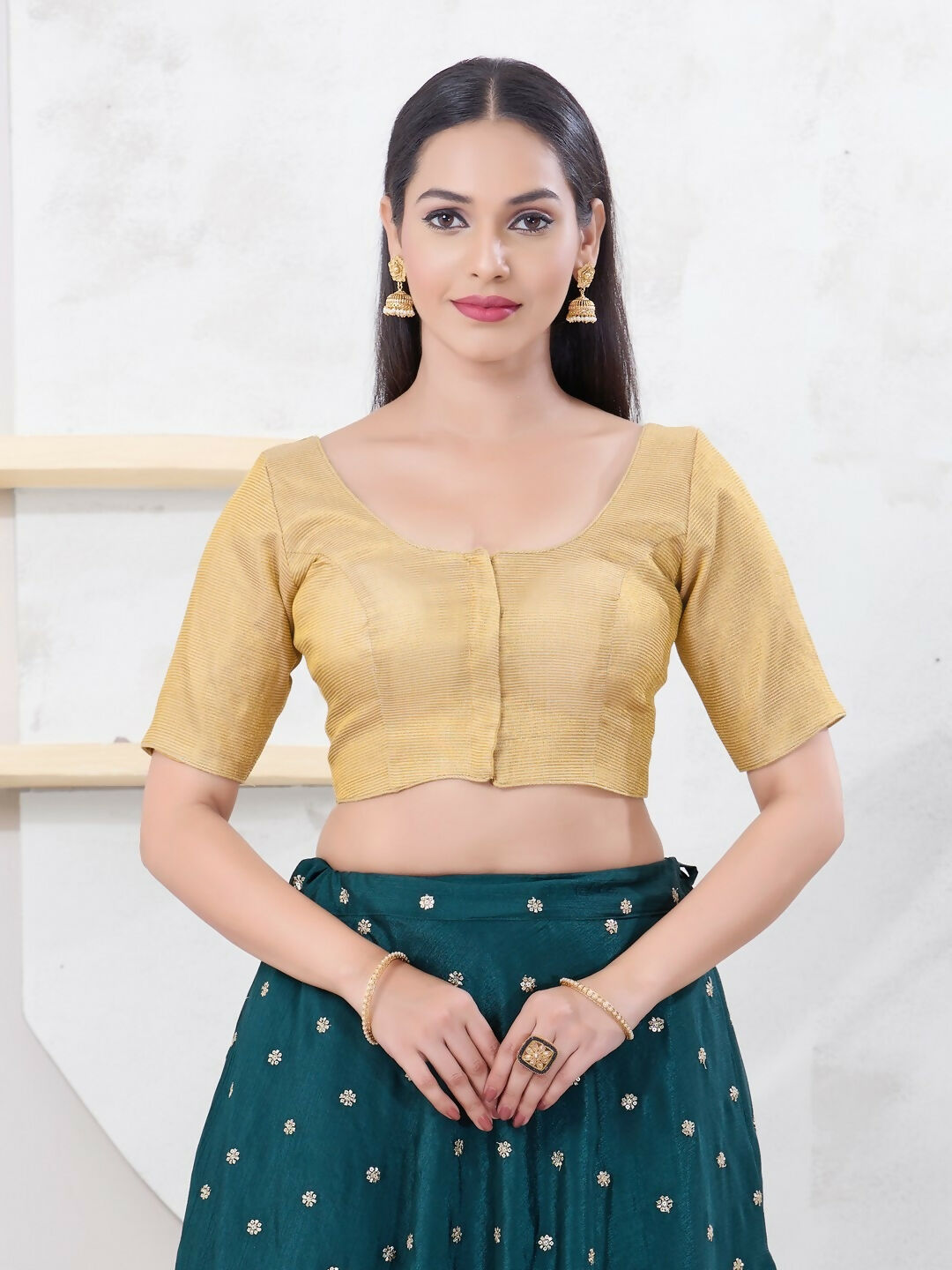 Joban Fashion Gold Tissue Elbow Sleeveless Front Open Blouse