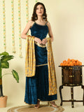 Myshka Women's Teal Velvet Kurti & Sharara With Dupatta Party Sets