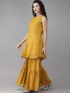 Ahalyaa Mustard Georgette Gold Foil Print Peplum Kurta Sharara Set With Dupatta - Distacart