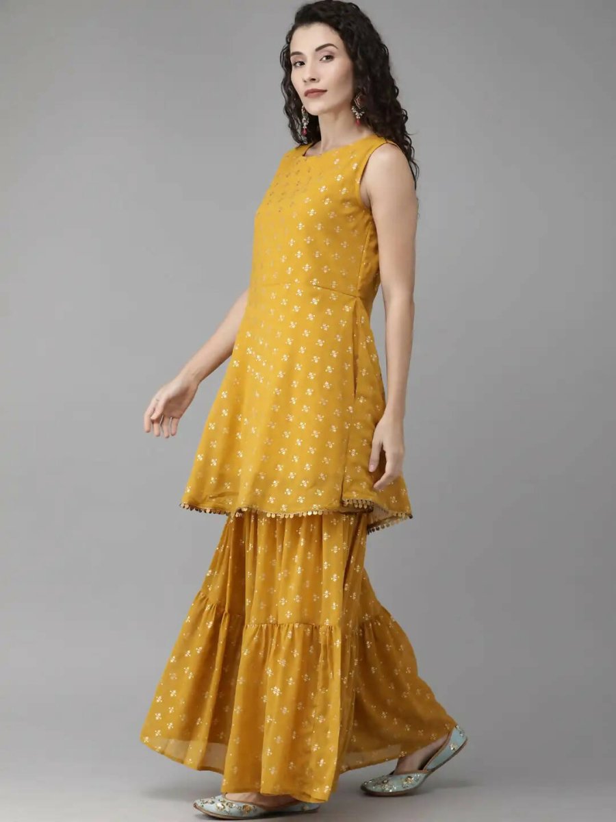Ahalyaa Mustard Georgette Gold Foil Print Peplum Kurta Sharara Set With Dupatta - Distacart