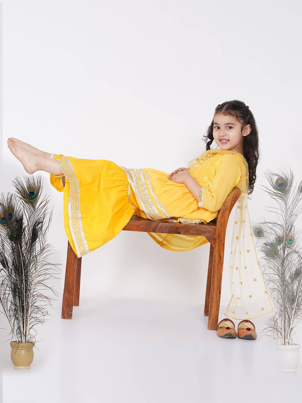 Little Bansi Girls Cotton Gotta Patti Kurta frock with Sharara & Dupatta - Yellow