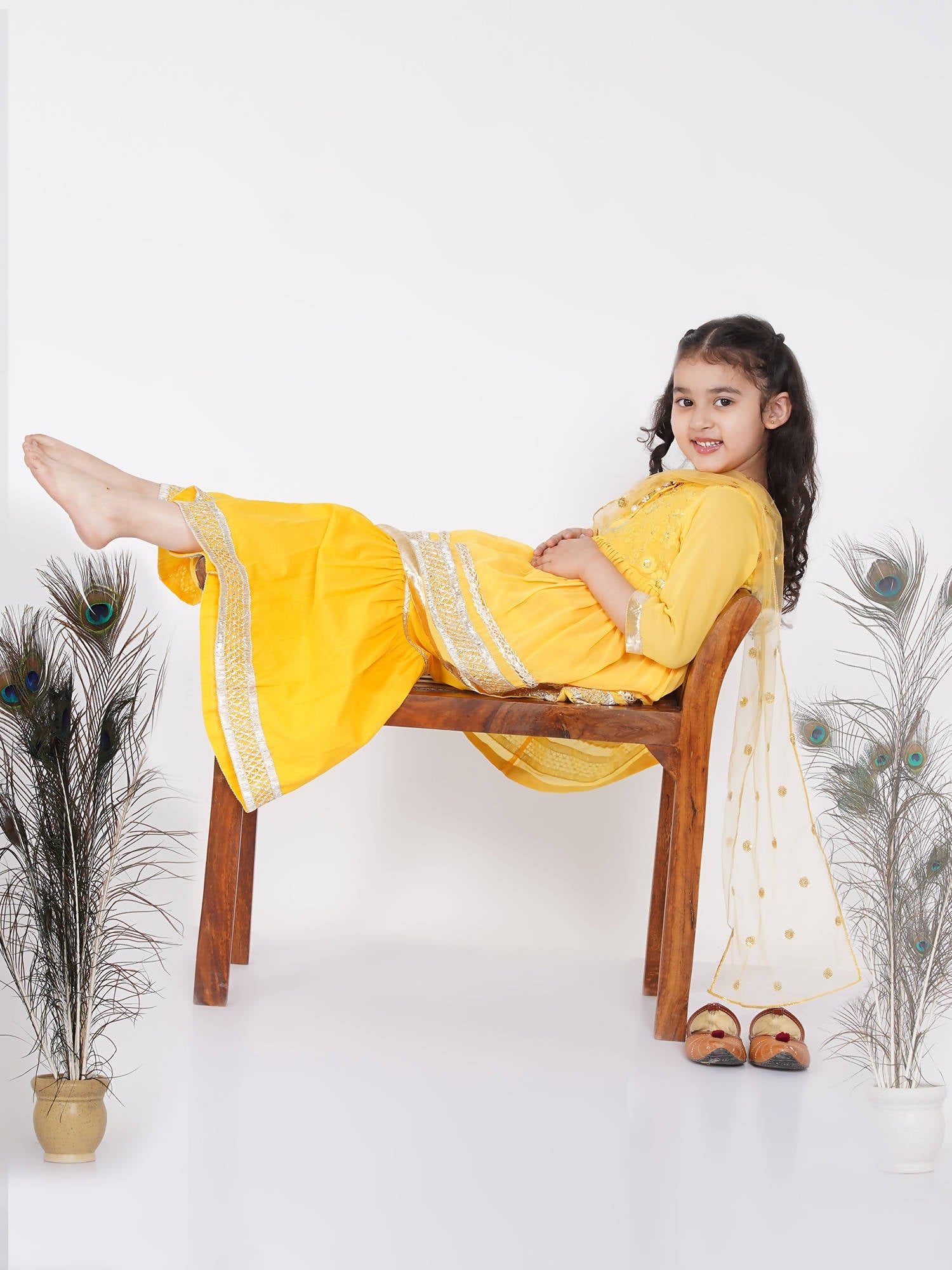 Little Bansi Girls Cotton Gotta Patti Kurta frock with Sharara & Dupatta - Yellow