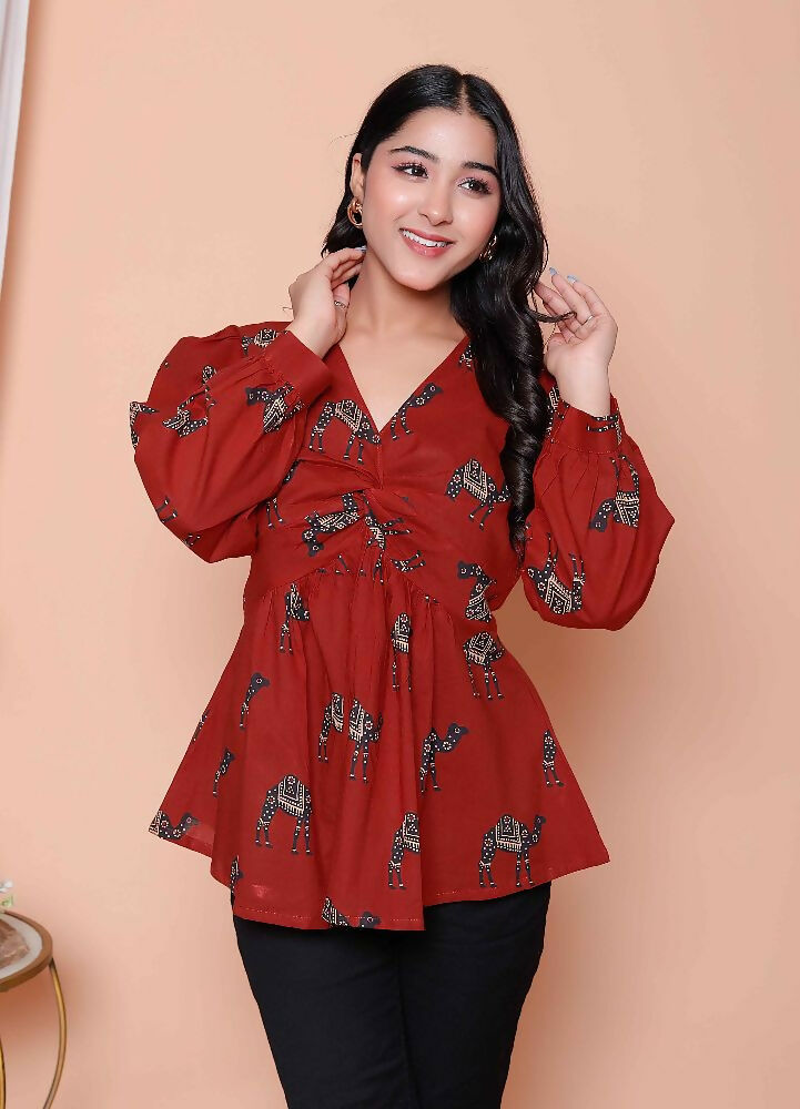 Miravan Womens Brown Animal Printed Balloon Sleeves V Neck Butterfly Top - Distacart