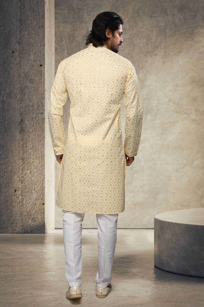 Raivat Ethnic Cotton Printed Work Kurta Pajama In Yellow Colour