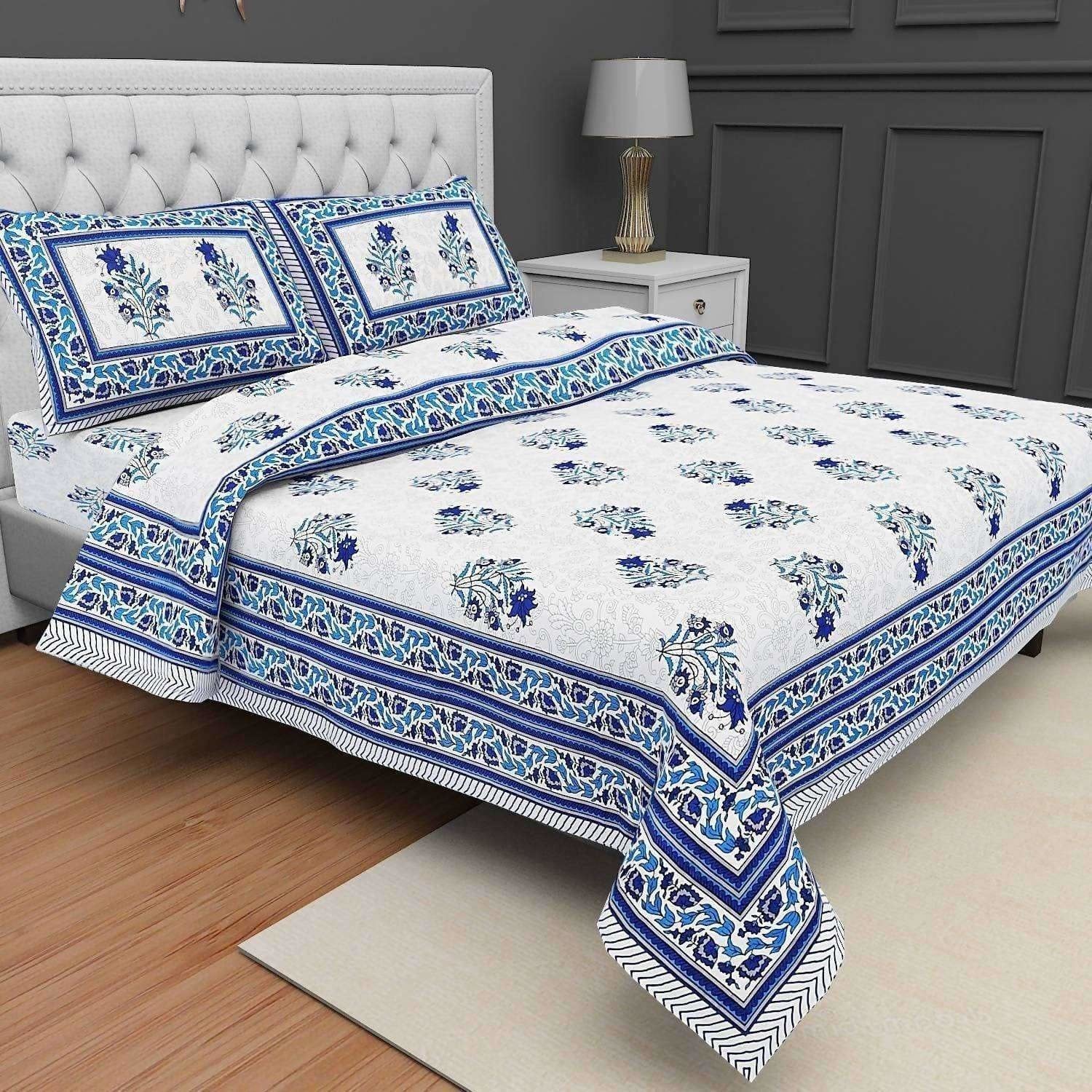 Jaipuri Hand Printed Floral 144TC Cotton DoubleQueen Bedsheet with 2 Pillow Covers