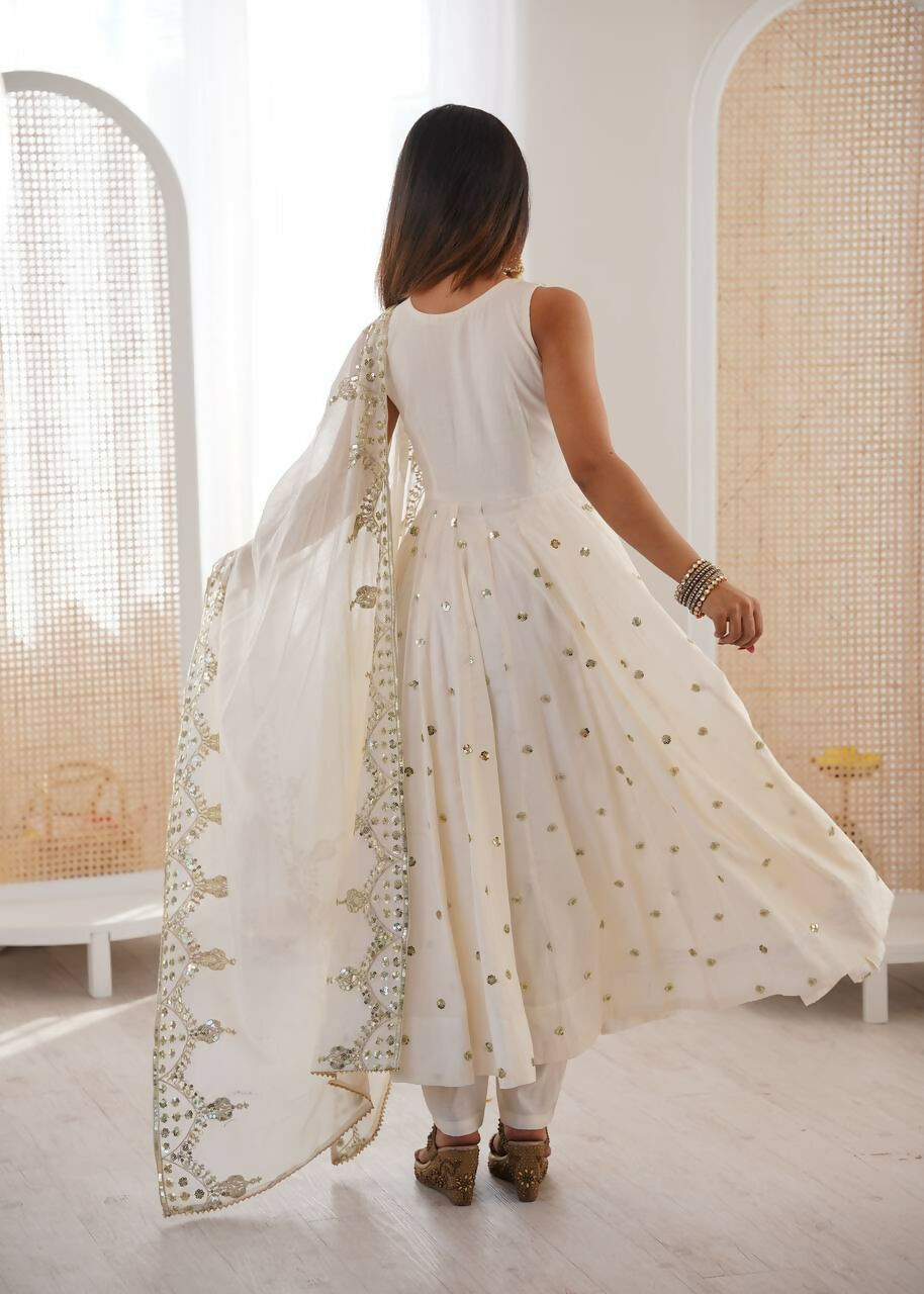 Teeya Creation White Color Roman Silk Embroidery Work Party Wear Gown - Distacart