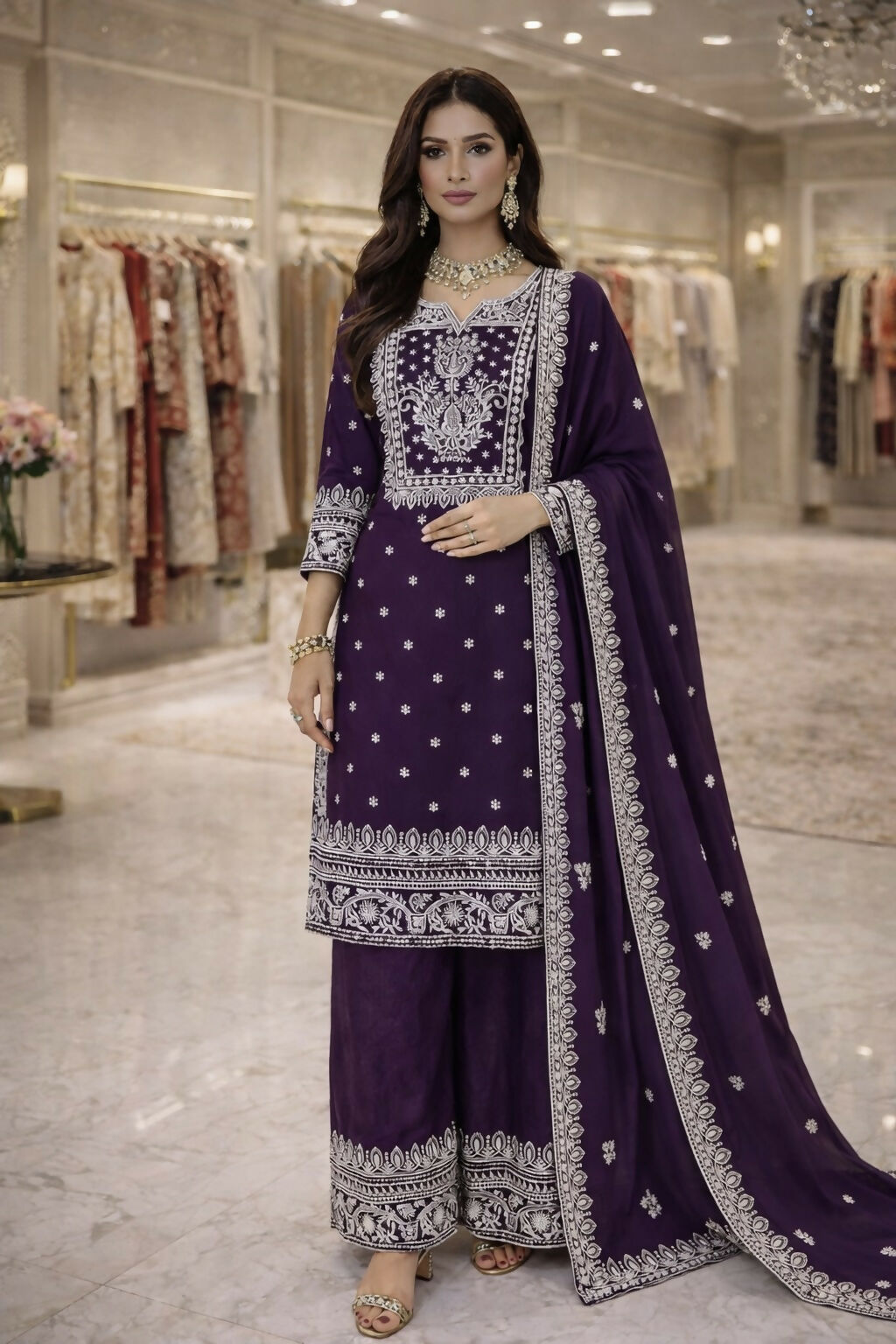 Teeya Creation Purple Fendi Silk Designer Heavy Work Wedding Wear Palazzo