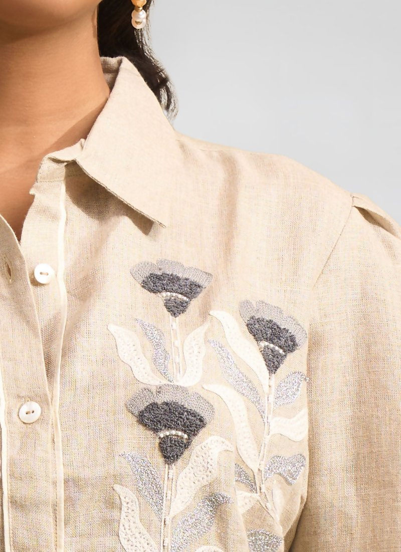 Joban Fashion Beige Linen Embroidered Readymade Cord Set - Distacart