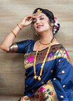 Jyoti Fashion Women's Navy Blue Paithani Silk Zari Woven Saree with Blouse