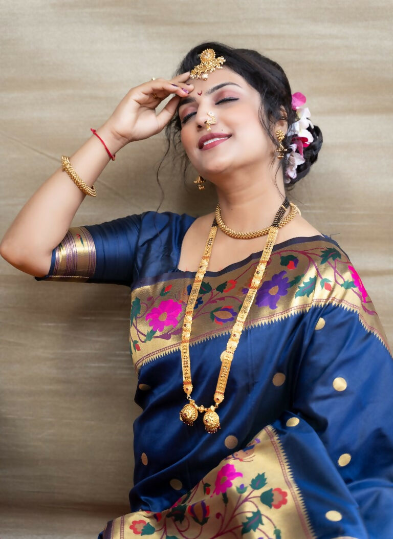 Jyoti Fashion Women's Navy Blue Paithani Silk Zari Woven Saree with Blouse