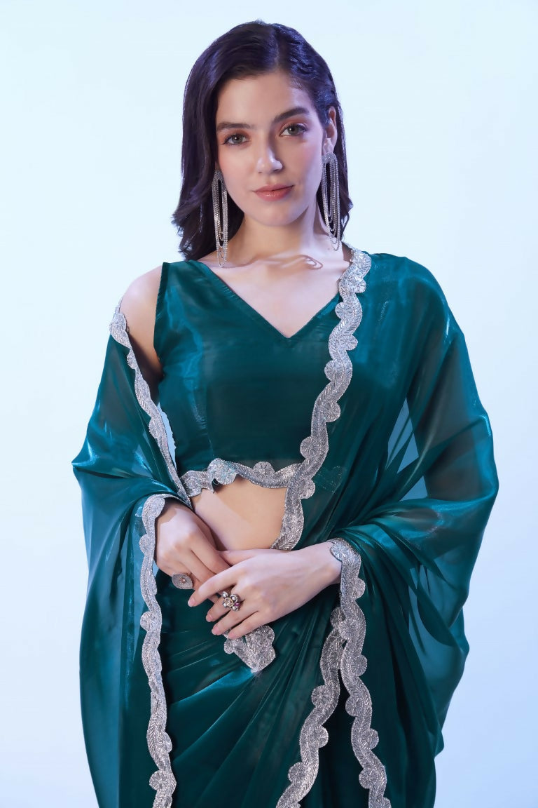 Teal Blue Satin Jimmy Choo Solid Designer & Lace Work Saree - Samaa