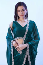 Teal Blue Satin Jimmy Choo Solid Designer & Lace Work Saree - Samaa
