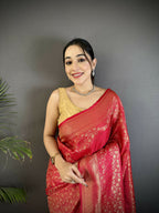 Joban Fashion Red Floral & Paisley Motifs Soft Satin Silk Banarasi Saree - Distacart