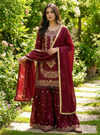 Teeya Creation Maroon Gimmy Silk Designer Embroidery Work Wedding Wear Palazzo Pair