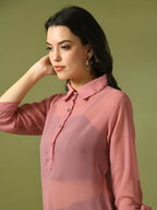 Myshka Women's Pink Solid Georgette Longline Party Sheer Tunic