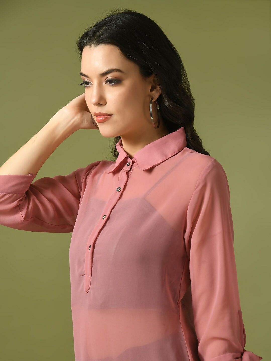 Myshka Women's Pink Solid Georgette Longline Party Sheer Tunic