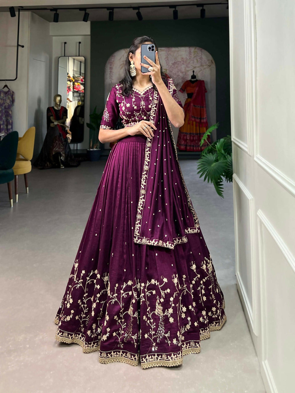 Vastranavya Vichitra Silk Sequins And Thread Embroidery Work Lehenga Choli - Wine