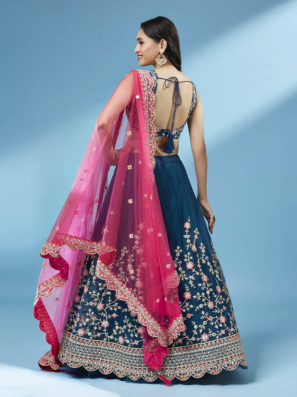 House of Panchhi Teal Net Semi stitched Coding and Mirror Work Lehenga Choli