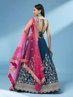 House of Panchhi Teal Net Semi stitched Coding and Mirror Work Lehenga Choli