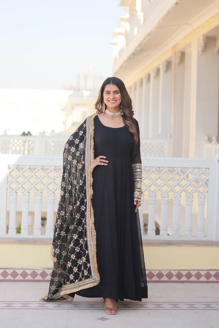 Jyoti Fashion Women's Black Faux Blooming Sequins Zari Embroidered Anarkali Dress with Dupatta