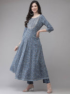 Yufta Women Blue Floral Yoke Design Angrakha Pure Cotton Kurta with Trouser With Dupatta