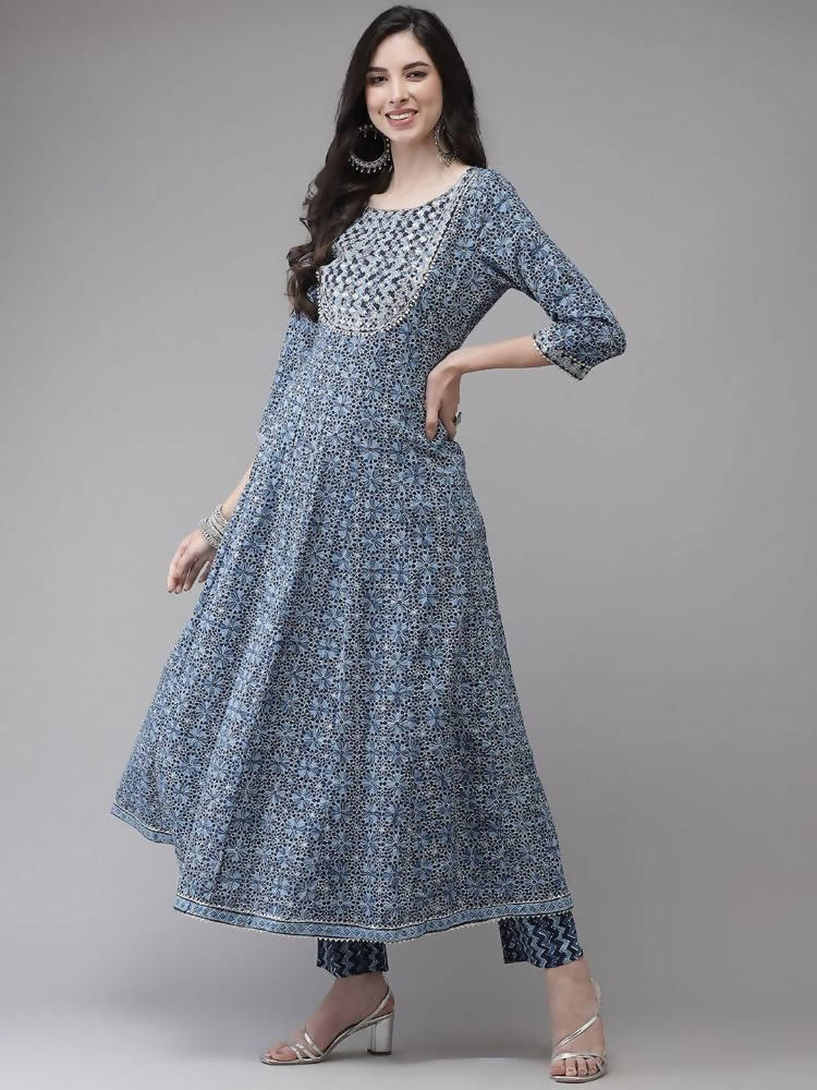Yufta Women Blue Floral Yoke Design Angrakha Pure Cotton Kurta with Trouser With Dupatta
