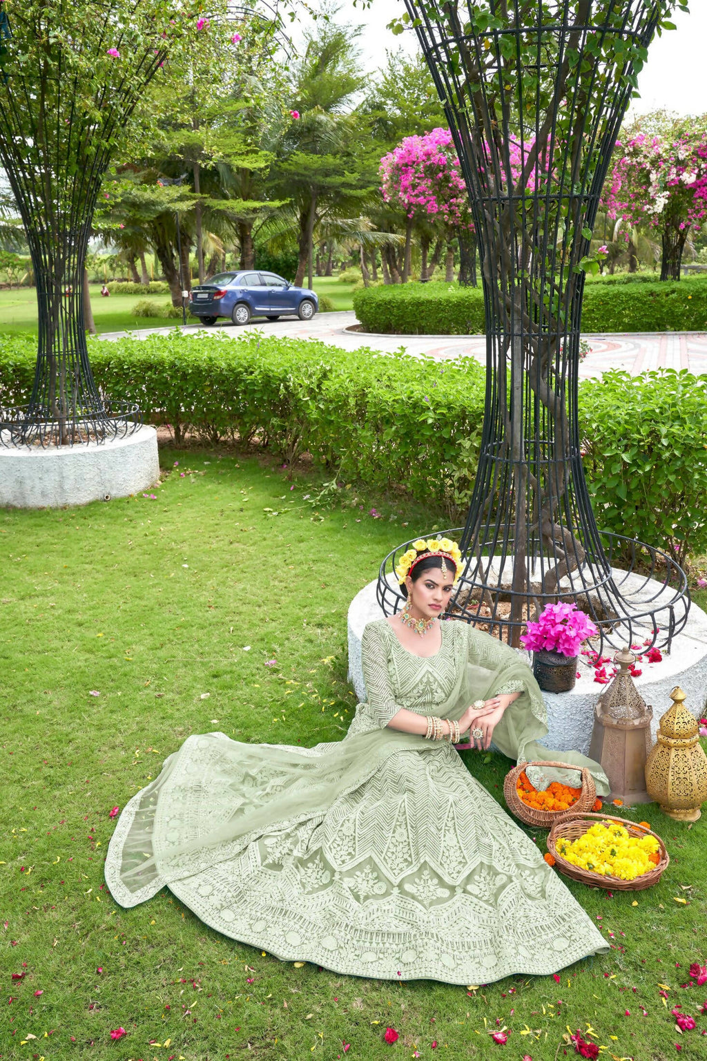 Light Green Net Embroidered Semi Stitched Lehenga Choli with Dupatta - Bhagya