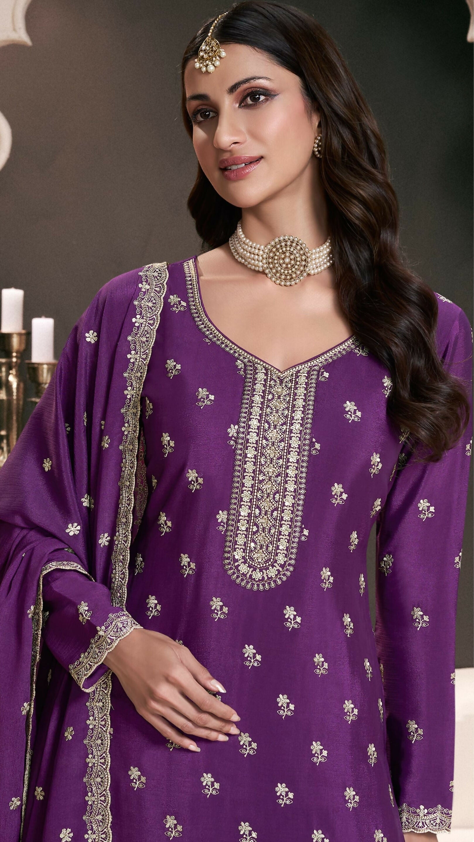 Anaita Purple Chinon Embroidered Thread Work Stitched Salwar Suit - Distacart
