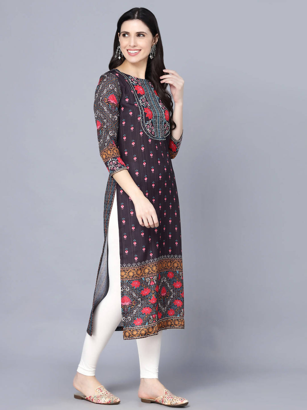 Myshka Women Multicoloured Ethnic Motifs Printed Mirror Work Kurta - Distacart