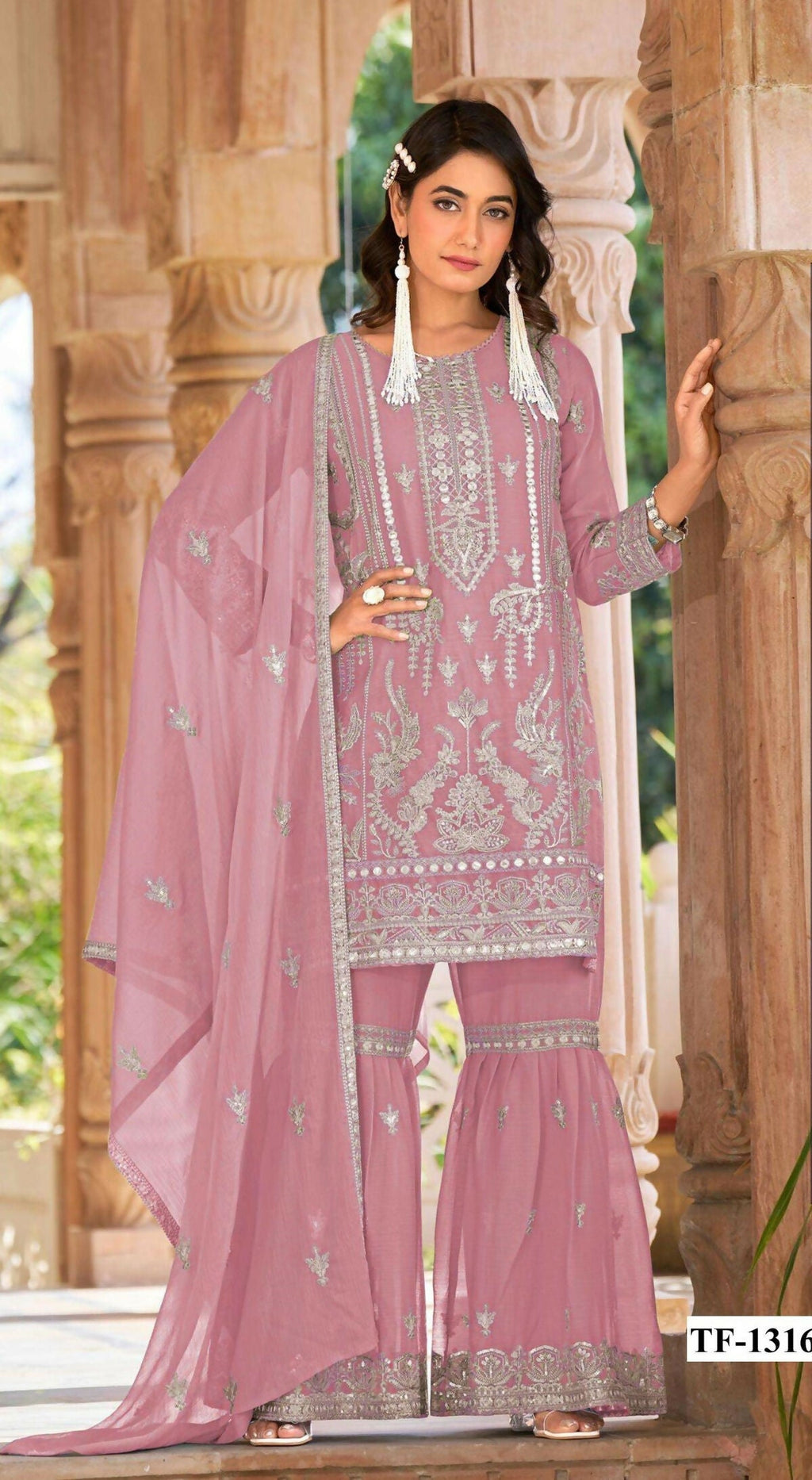 Anaita Pink Nylon Organza Suit With Embroidery & Mirror Work - Distacart