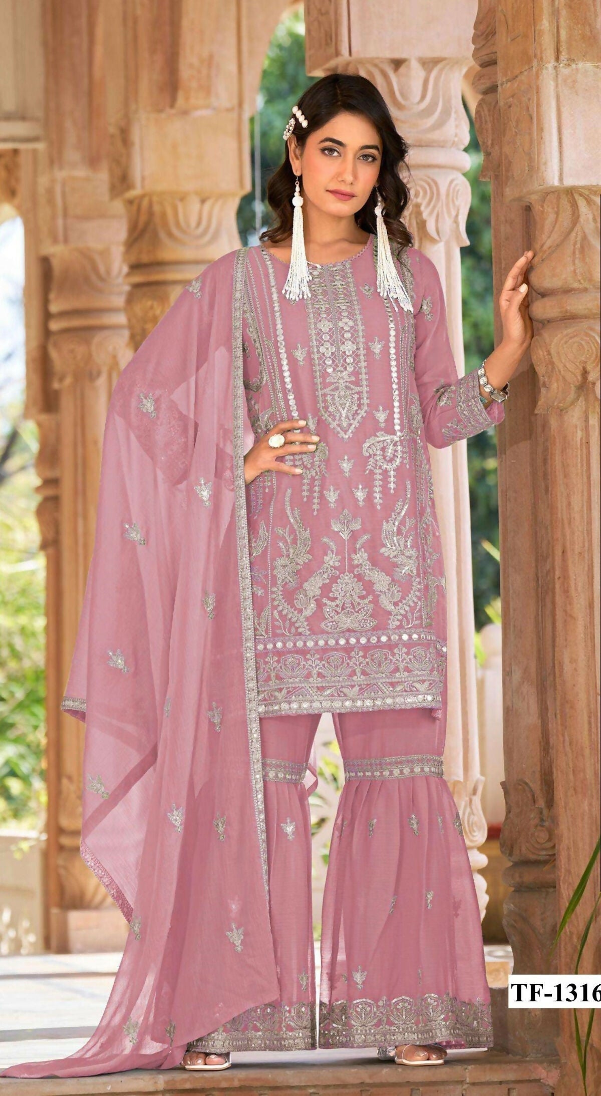 Anaita Pink Nylon Organza Suit With Embroidery & Mirror Work - Distacart