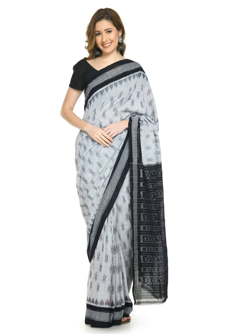 Vamika Sambalpuri Ikat Cotton Dehabandha White & Black Checks Saree
