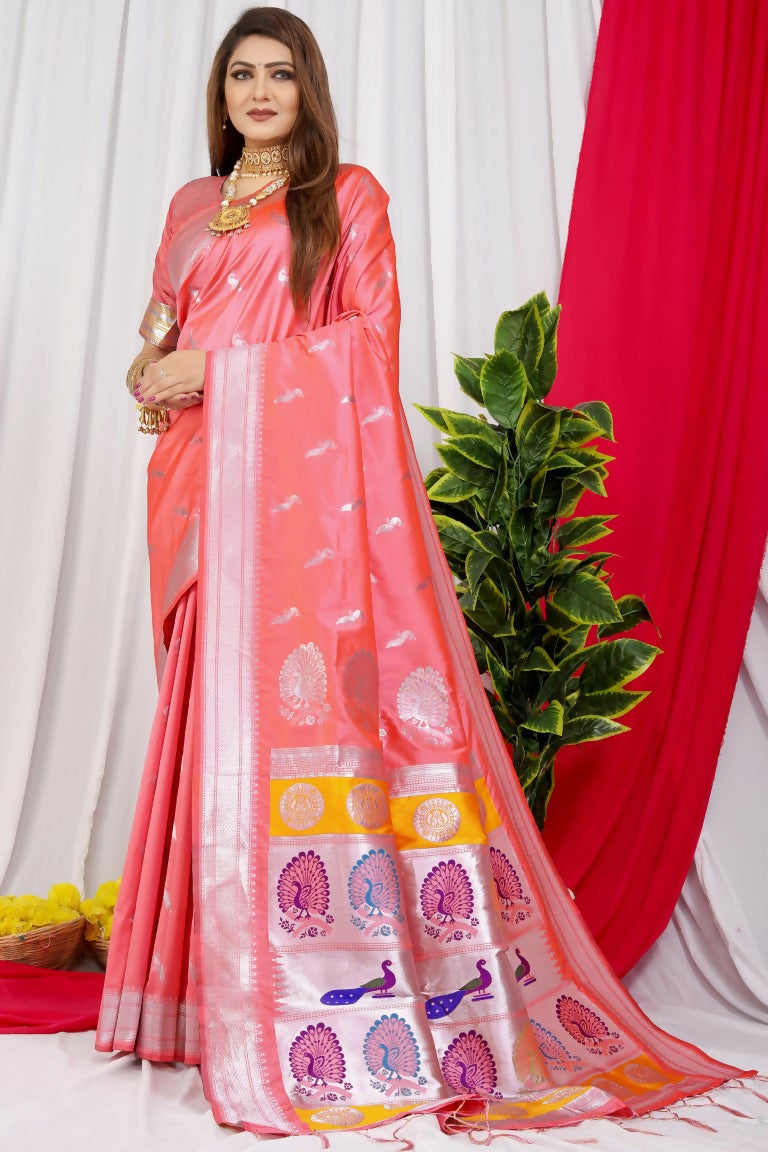 Jyoti Fashion Women's Peach Paithani Silk Zari Woven Saree with Blouse