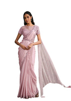 Pink Crepe Georgette Silk Sequence Embroidered With Stone Work Saree With Stitched Blouse - Mohmanthan La Belle