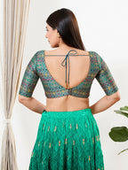 Joban Fashion Peacock Blue Brocade Padded Blouse With V Neck Elbow Sleeves - Distacart