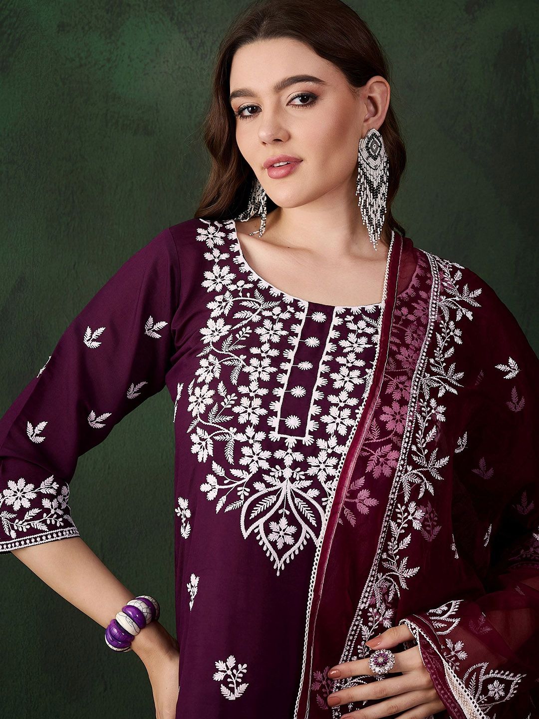 Sangria Purple Floral Embroidered Thread Work Pure Cotton Kurta & Trouser With Dupatta