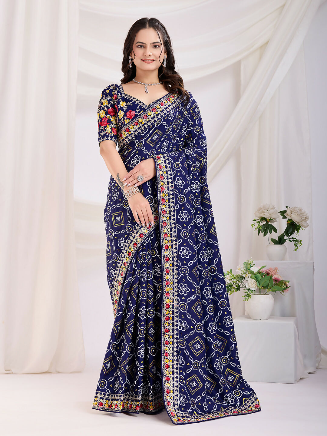 Blue Vichitra Silk Bandhani Printed, Embroidery Work Saree - Ditya