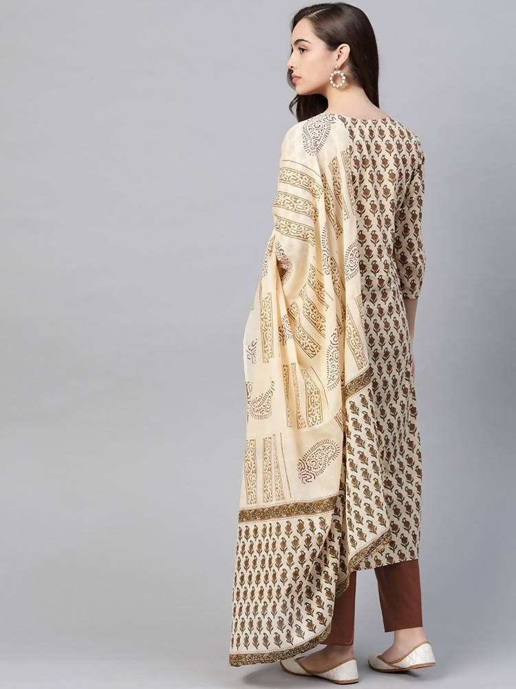 Yufta Women Beige Ethnic Motifs Printed Pure Cotton Kurta with Trouser & Dupatta