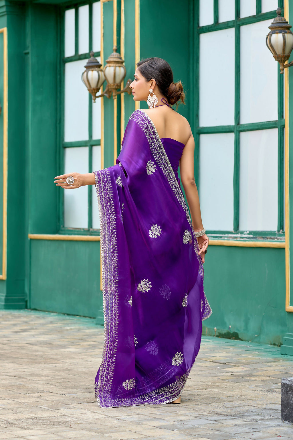 Vastranavya Purple-Blue Embroidery Work Shimmer Chiffon Saree with Unstitched Blouse - Distacart