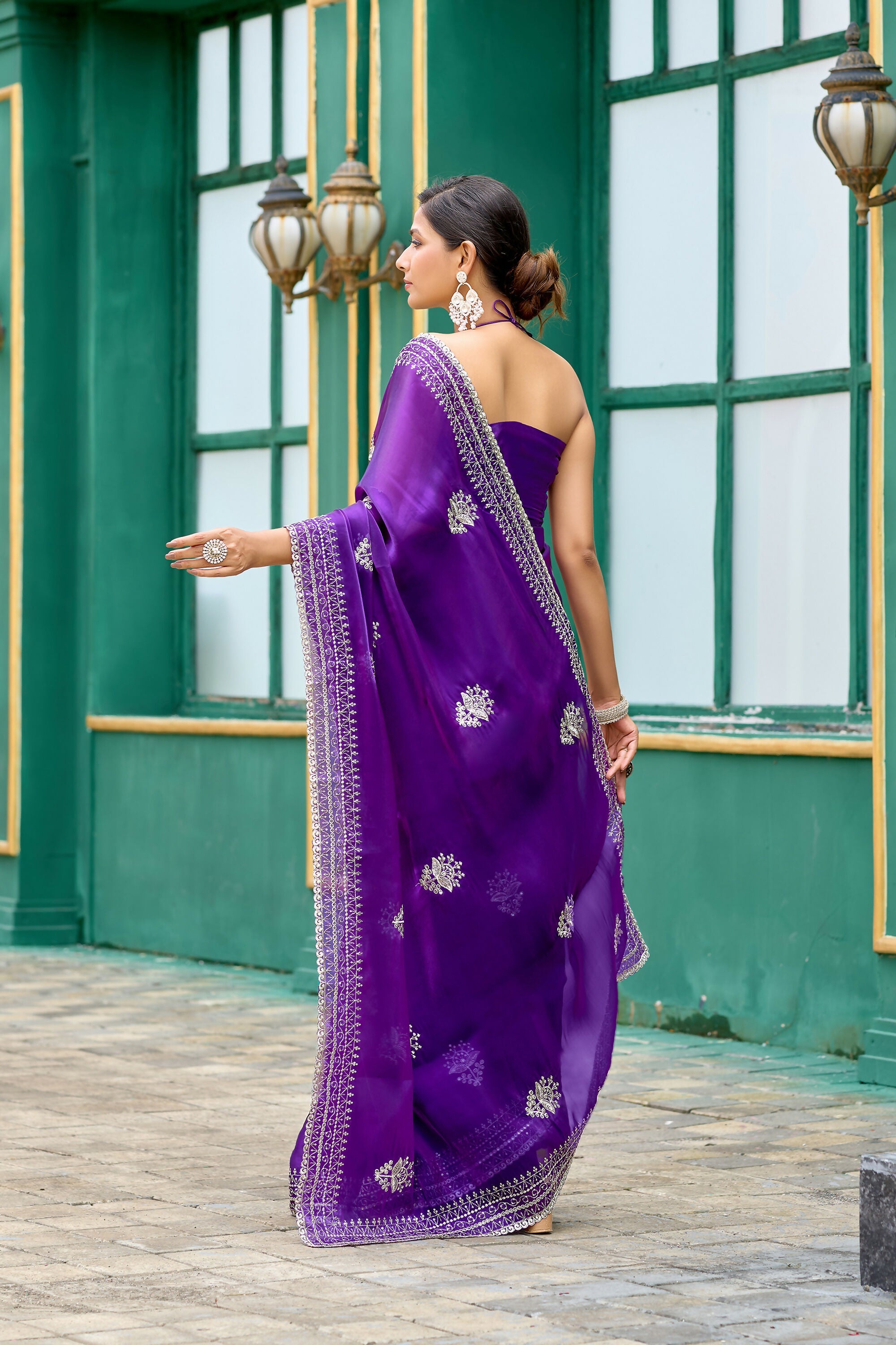 Vastranavya Purple-Blue Embroidery Work Shimmer Chiffon Saree with Unstitched Blouse - Distacart