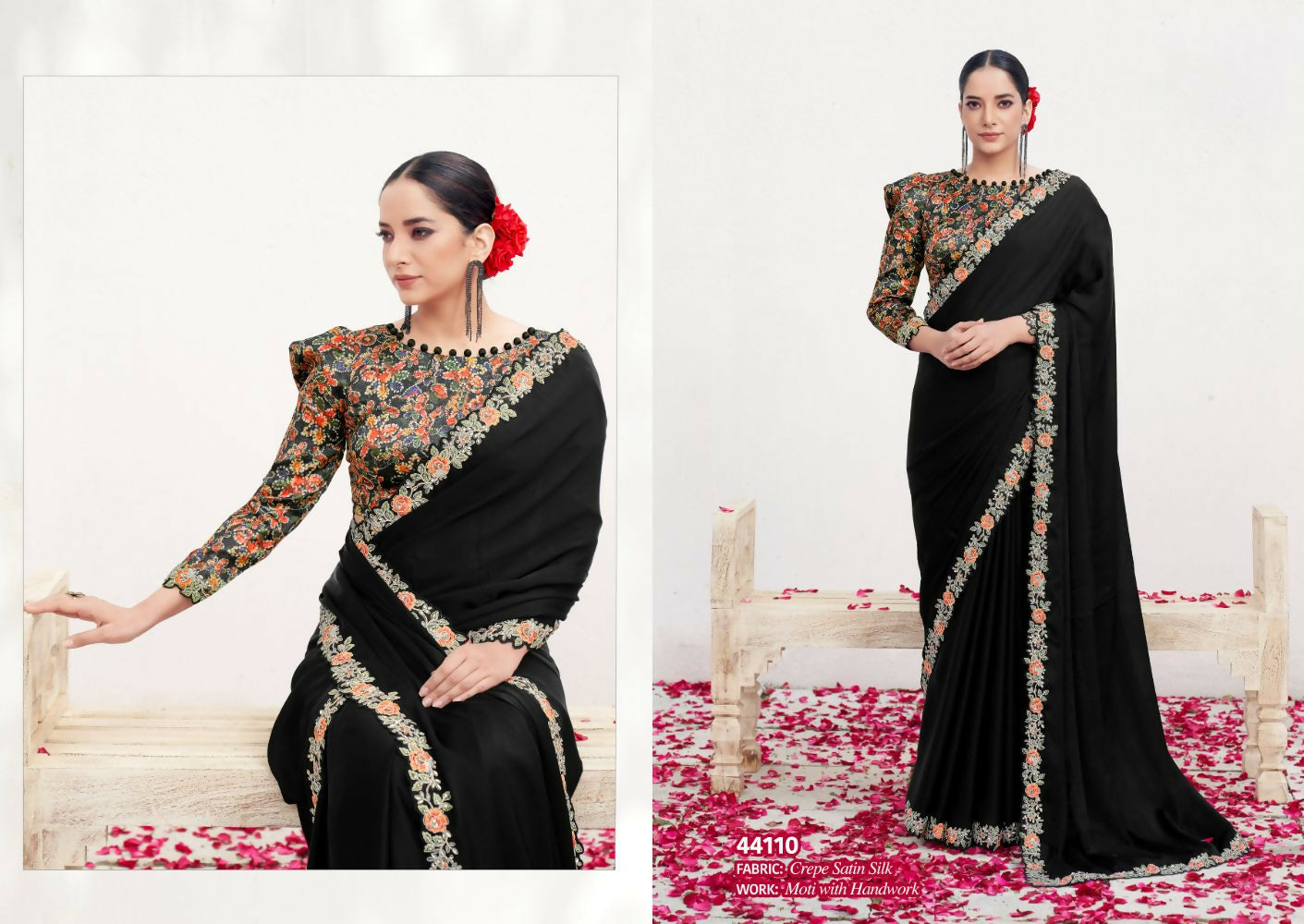 Black Crepe Satin Silk Handwork Saree with Unstitched Blouse - Norita Varya