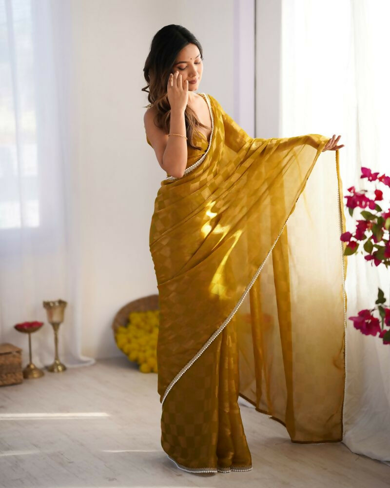 NC Chiffon Chex Wevon Chex Designer, Lace Party Wear Saree - Mustard