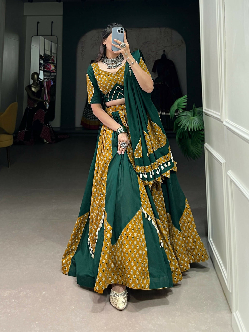 Vastranavya Navaratri Special Pure Cotton Printed With Cowrie (Kodi) Lace Touch Up Lehenga with Stitched Blouse - Green