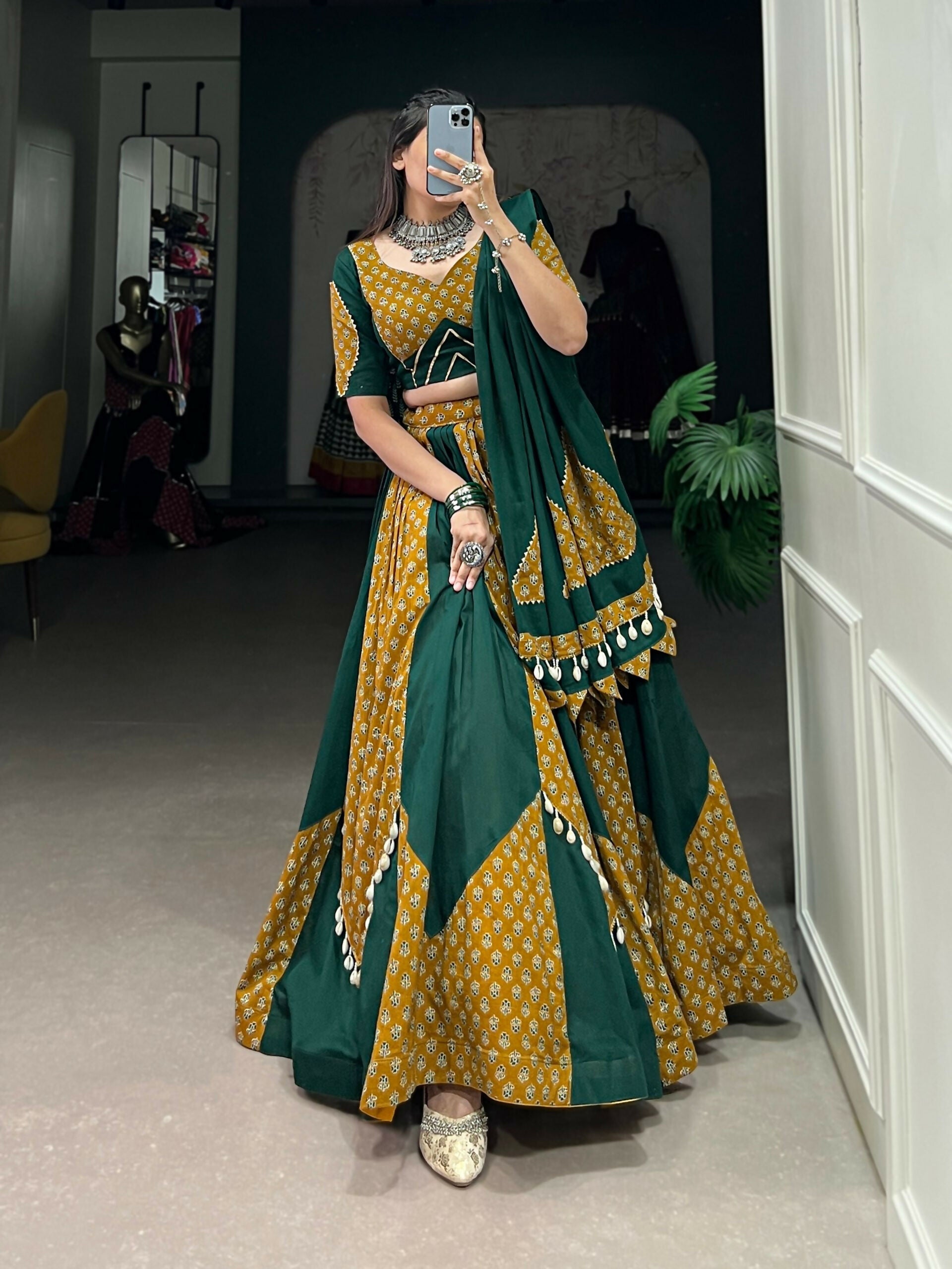 Vastranavya Navaratri Special Pure Cotton Printed With Cowrie (Kodi) Lace Touch Up Lehenga with Stitched Blouse - Green