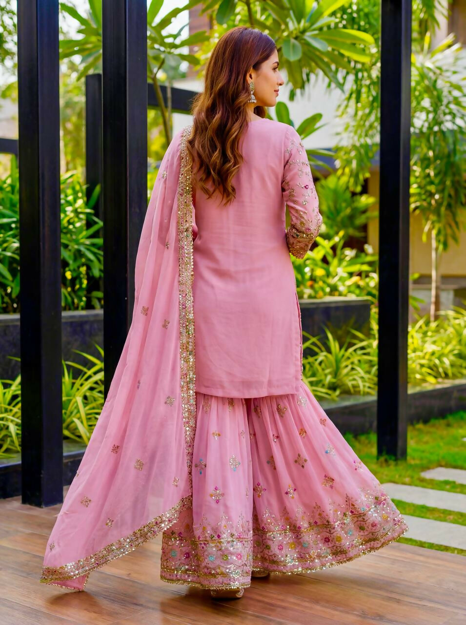 Teeya Creation Pink Faux Georgette Multi Thread Work Wedding Wear Sharara Set