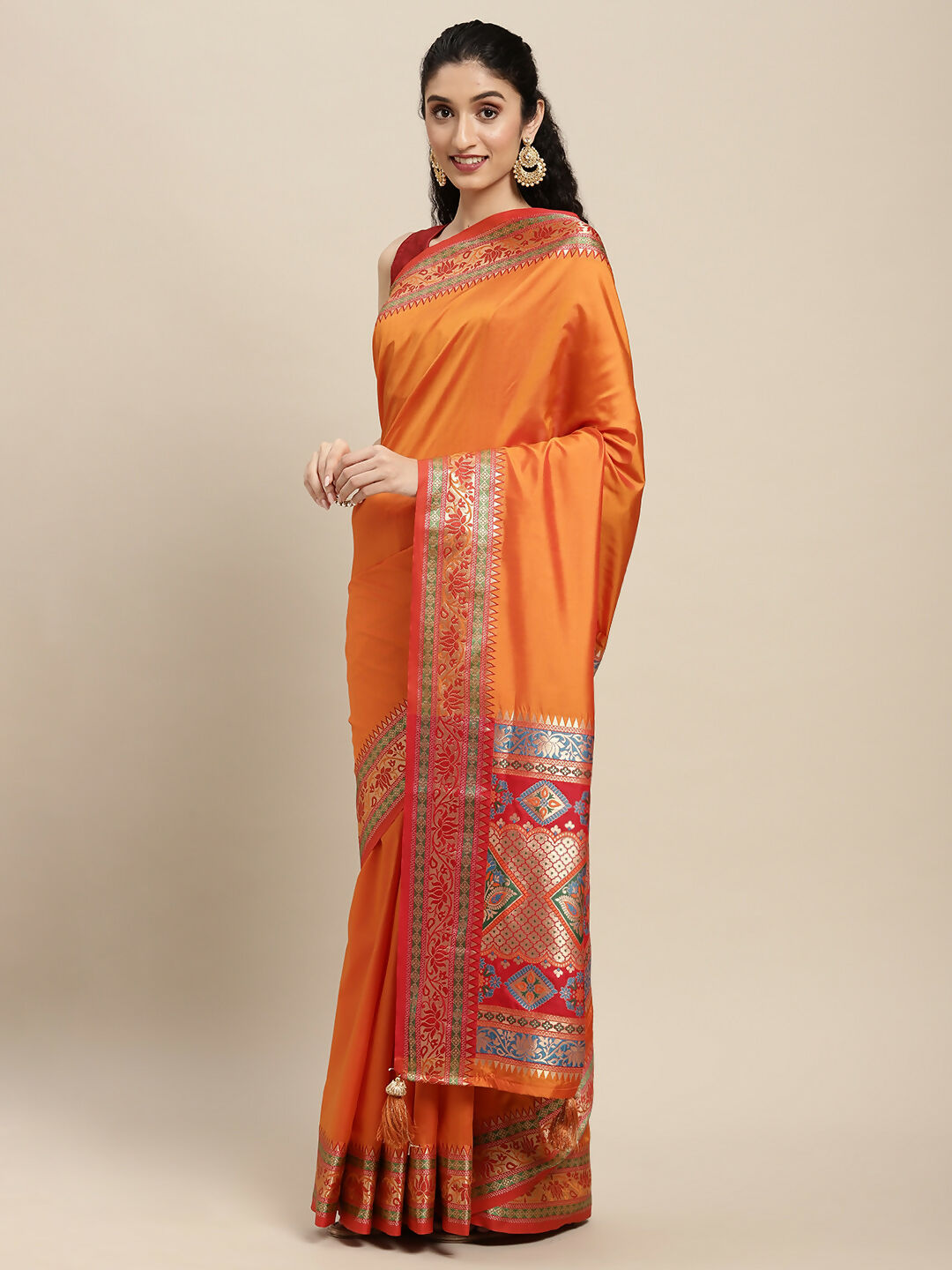 Shree Shyam Fashion Silk Blend Ornage Saree - Distacart