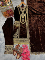 Teeya Creation Coffee Color Velvet Fabric Designer Embroidery Work Suit - Distacart