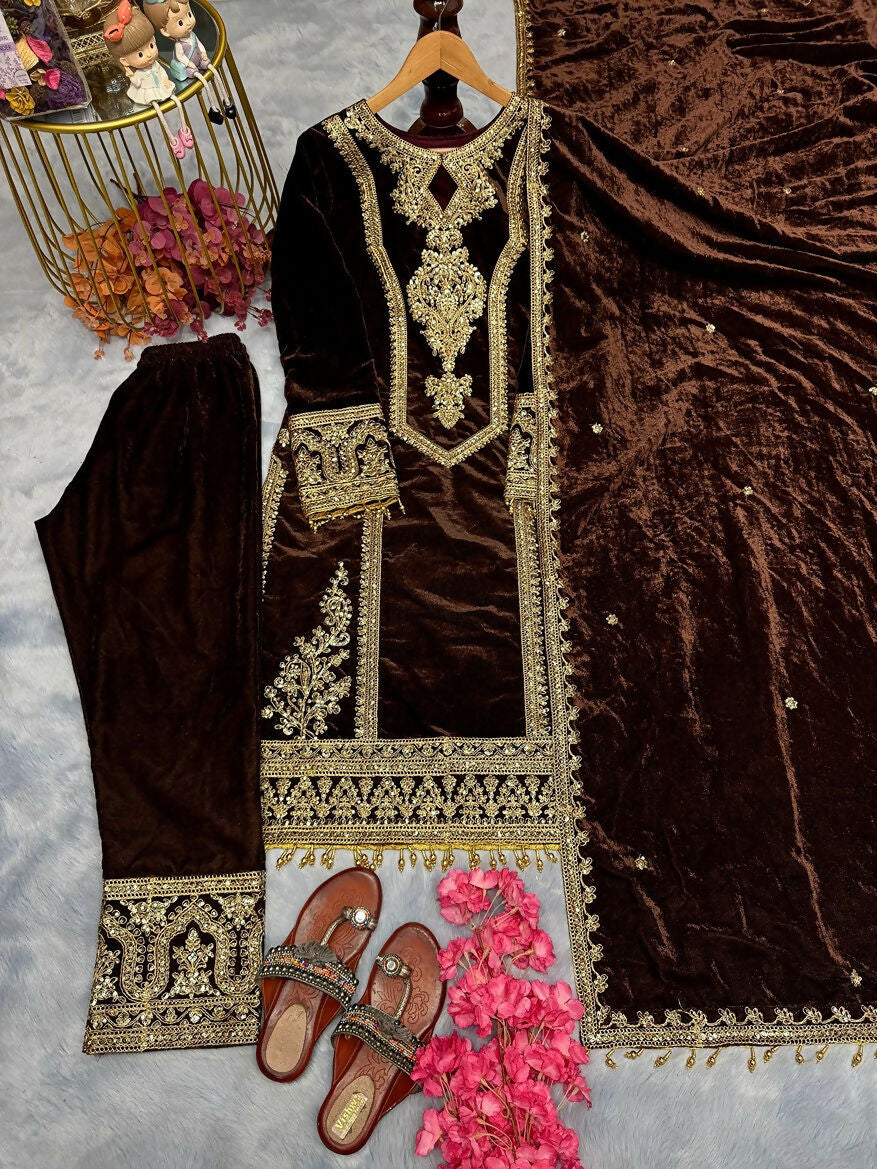 Teeya Creation Coffee Color Velvet Fabric Designer Embroidery Work Suit - Distacart