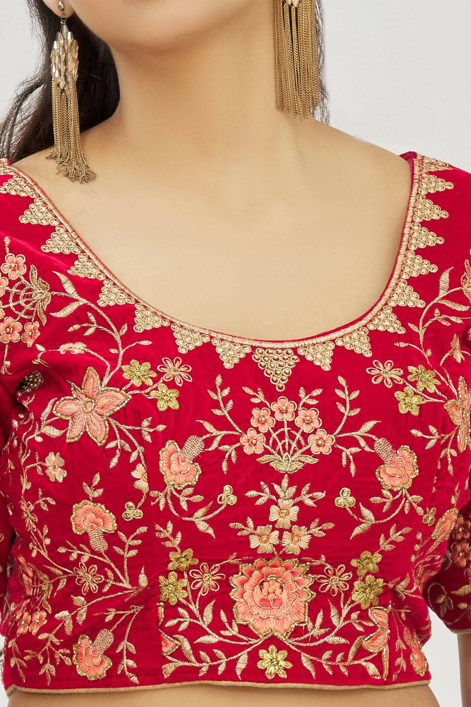 Red Velvet Semi-Stitched Wedding Bridal Lehenga - Nimaya